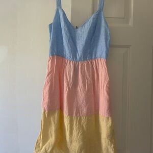 100% Linen Colorblock Casual Dress in Blue, Pink, and Yellow